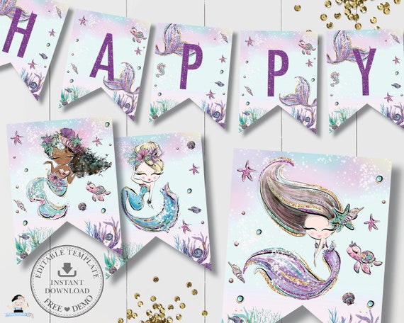 Mermaid Flag Banner, EDITABLE TEMPLATE, Chic Under The Sea Mermaid Tail Bunting Baby Shower Birthday Decor Printable, INSTANT Download, MT2 Il_570xn