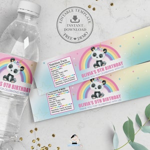 Pandacorn Waterfles Etiketten, BEWERKBARE SJABLOON, Fles Sticker Wrapper Gunsten, Schattige Regenboog Panda Bear Cub Verjaardagsfeestje Afdrukbaar, PA1