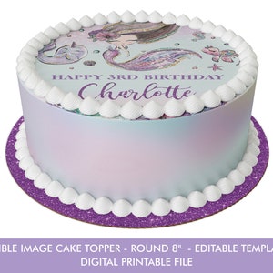 Mermaid Edible Image Round Cake Topper EDITABLE TEMPLATE, Baby Shower ...