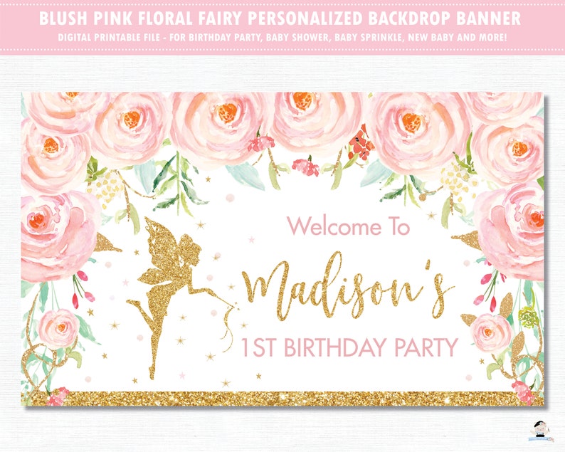 Fairy Backdrop Banner, Blush Pink Floral Fairy 1st Birthday Back Drop Decor, Gold Glitter Baby Shower Backdrop Printable Digital PDF FF1 image 3