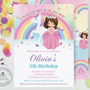Invitation à la fête d’anniversaire de princesse et de licorne, MODÈLE MODIFIABLE Mignon Cheveux Bruns Princesse Robe Rose Arc-en-ciel Imprimable INSTANT Télécharger PU1