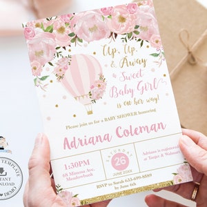 Inbjudan till babyshower med luftballong, utskrivbar luftballong, flicka, rodnande rosa blommig, elegant, glitterguld, REDIGERINGSBAR MALL, HB2