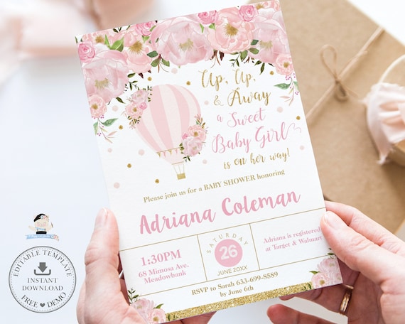 Hot Air Balloon Baby Shower Invitation, Printable Hot Air Balloon, Baby Girl, Blush Pink Floral, Chic, Glitter Gold, EDITABLE TEMPLATE, HB2 Il_570xn