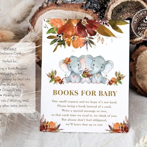 BEWERKBARE SJABLOON Tweeling Jongen Meisje Olifanten Boeken voor Baby Insert, Herfst Bordeaux Oranje Bloemen Baby Shower Verjaardag Extra Info Afdrukbare EP18