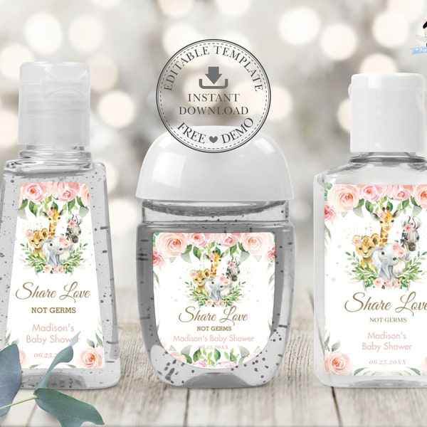 Blumen Dschungel Tiere Hände Sanitizer Etiketten, EDITIERBARE VORLAGE, Baby-Dusche-Geburtstags-Lotion Gefälligkeiten druckbar, PocketBac SOFORTIGER Download JA6