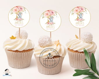 EDITABLE TEMPLATE Elephant 1st First Birthday 2" Circle Tags, Chic Blush Floral Thank You Sticker Favor Cupcake Topper Printable INSTANT PK2