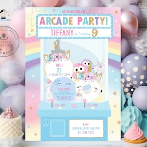 MODELO EDITÁVEL Convite de aniversário para festa de arcade Blue Claw Machine Cute Rainbow Unicorn Jogos para imprimir Convite para imprimir Baixar AC1