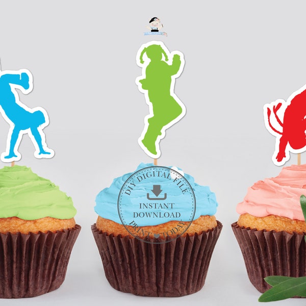 Dance Hip Hop Party Neon Colorful Boy Girl Silhouette Cupcake Toppers Printable, INSTANT DOWNLOAD, Birthday Party Cake Centerpieces DIY, DP3