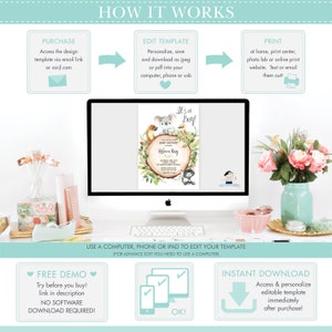May include: A digital illustration of a baby shower invitation with a koala, fox, and bird in a woodland setting. The invitation is on a computer screen with a text overlay that says "How It Works" and describes the steps to purchase, edit, and print the invitation. The text also says "Use a computer, phone or iPad to edit your template (For advance edit you need to use a computer)".