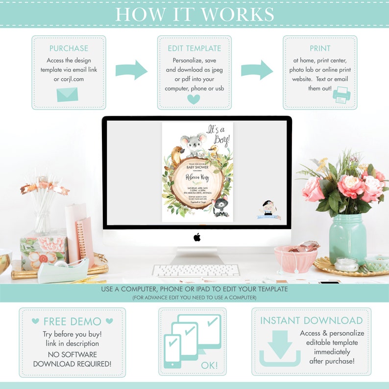 May include: A digital illustration of a baby shower invitation with a koala, fox, and bird in a woodland setting. The invitation is on a computer screen with a text overlay that says "How It Works" and describes the steps to purchase, edit, and print the invitation. The text also says "Use a computer, phone or iPad to edit your template (For advance edit you need to use a computer)".