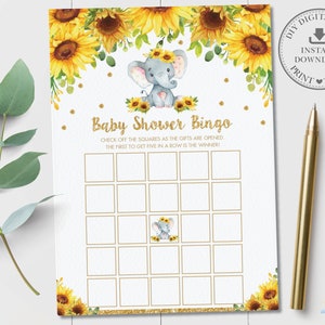 Elefant Baby Bingo, INSTANT DOWNLOAD, rustikale Chic Blumen blume Elefant Baby Dusche blank Bingo Spiel Aktivität, Diy PDF druckbare, EP8