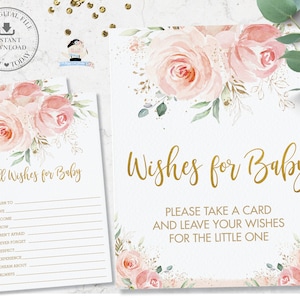 Schick Blush Pink Floral Well Wishes for Baby Card and Sign Girl Baby Shower Activity, Sweet Roses Flowers Gold Printable INSTANT DOWNLOAD PK5