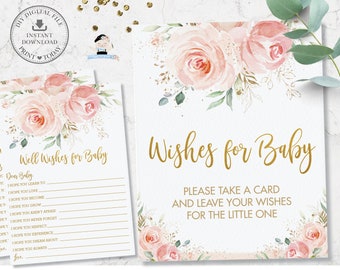 Cartão e placa de felicitações para o bebê em tons de rosa blush com estampa floral, ideal para chá de bebê de menina. Arquivo para impressão com rosas e detalhes dourados. Download instantâneo (PK5).
