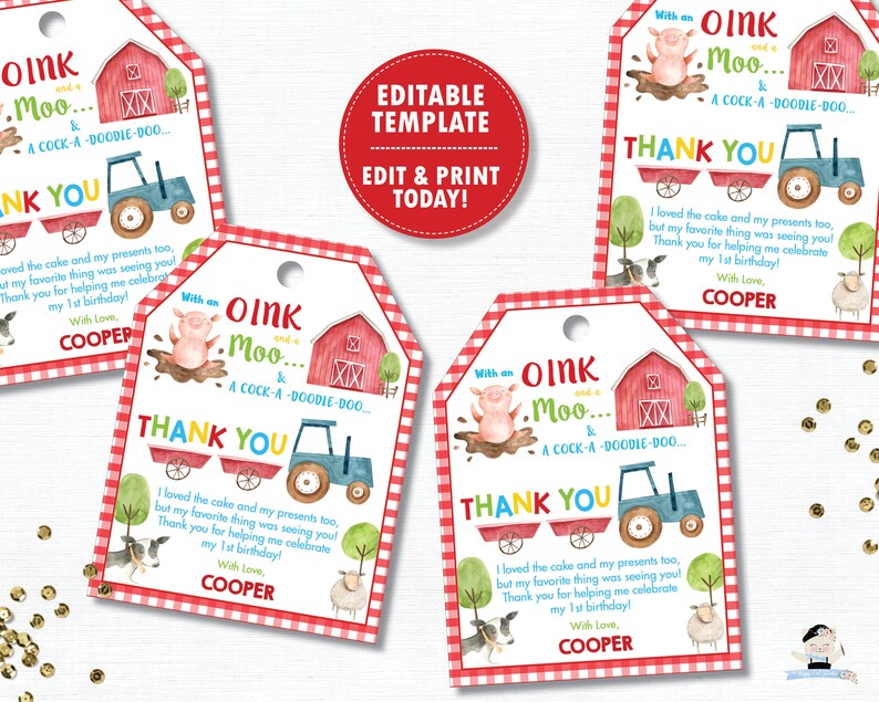 EDITABLE Template Cute Farm Animals Thank You Favor Tags Red Barnyard ...