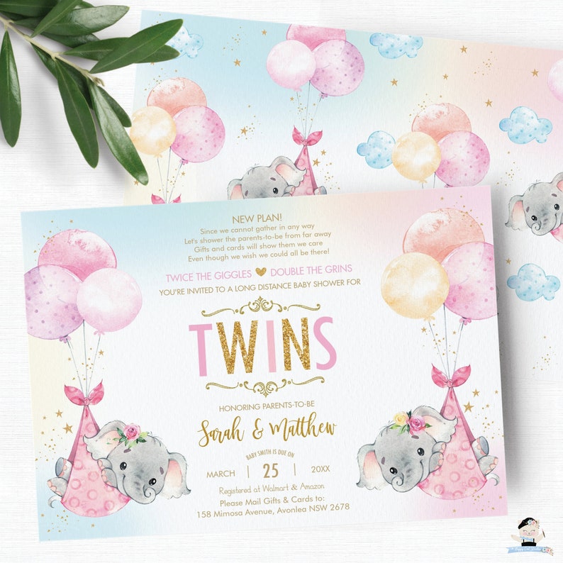 May include: A baby shower invitation with a pink and blue watercolor background. Two elephants are holding pink and yellow balloons. The text reads "Twice the Giggles, Double the Grins. You're invited to a long distance baby shower for Twins. Honoring parents-to-be Sarah & Matthew. Baby is due on March 25, 20XX. Registered at Walmart & Amazon. Please mail gifts & cards to: 158 Mimosa Avenue, Avonlea NSW 2678."