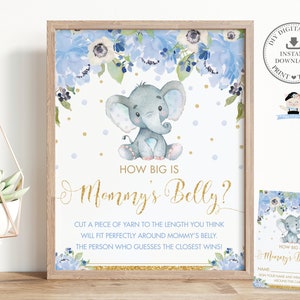 Hoe groot is mama's buik teken kaart, instant download, chique blauwe bloemen schattige olifant jongen baby douche spel activiteit diy pdf afdrukbaar, EP6