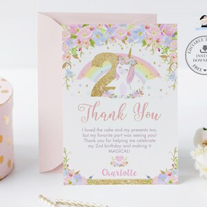 Cartão de agradecimento de segundo aniversário de unicórnio, MODELO EDITÁVEL, rosa azul floral fofo arco-íris unicórnio PDF para impressão de dois segundos, download INSTANTÂNEO UB3