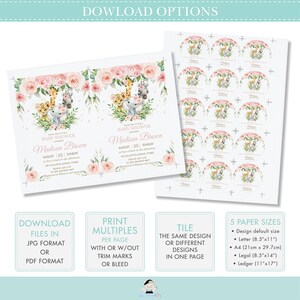 May include: Printable baby shower invitation featuring a pink and green jungle animal theme with a floral border. The invitation includes the text "Join us for a Baby Shower Honoring Madison Brown August 25, Sunday at four o'clock in the afternoon 187 Eucalyptus Way, Temple RSVP by August 15th to [phone number] Registered at Walmart and Amazon".