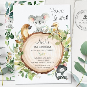 Faire-part d&#39;anniversaire animaux australiens, modèle MODifiable, mignon koala ornithorynque garçon fille neutre sexe verdure inviter imprimable, AU1
