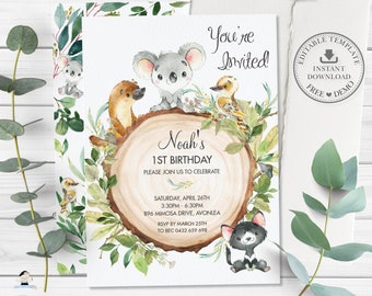 Australian Animals Birthday Party Invitation, EDITABLE TEMPLATE, Cute Koala Platypus Boy Girl Gender Neutral Greenery Invite Printable, AU1