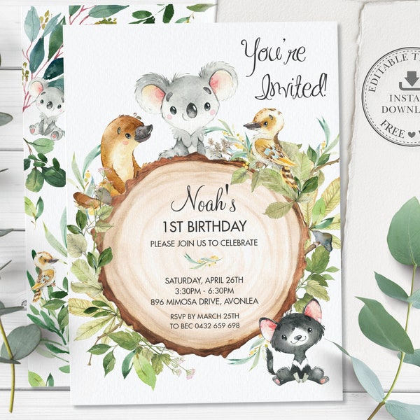 Australian Animals Birthday Party Invitation, EDITABLE TEMPLATE, Cute Koala Platypus Boy Girl Gender Neutral Greenery Invite Printable, AU1