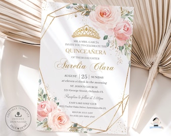 EDITABLE TEMPLATE, Quinceanera Mis Quince Anos, Chic Blush Pink Floral Rose Flowers Crown, 15th Birthday Invitation, INSTANT Download, QC1