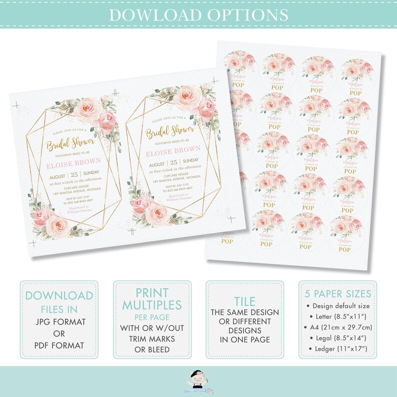 May include: A bridal shower invitation and sticker set. The invitation features a gold geometric frame with pink roses and the text "Bridal Shower". The stickers have a floral design and the word "POP".