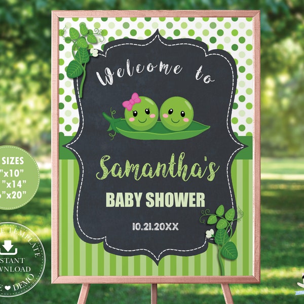 Two Peas in a Pod Baby Shower Welcome Sign, EDITABLE TEMPLATE, Cute Peas Twins Boy Girl Poster Decoration Printable, INSTANT Download, PB1