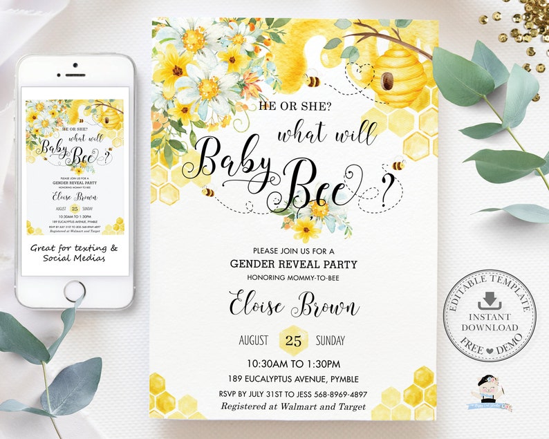 Chic Bee Yellow Floral Gender Reveal Party Invitation EDITABLE TEMPLATE INSTANT Download Bumblebee Bees Honey Baby Shower