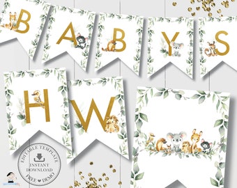 Op de afbeelding: Printbare baby shower banner met gouden letters die "BABY" en "HOW" spellen met schattige dierillustraties. De banner is versierd met groene bladeren en heeft een witte achtergrond.