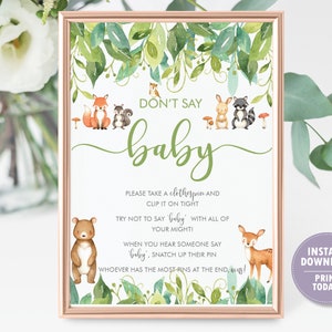 Don't Say Baby Game, Don't Say Baby Printable, Don't Say Baby Baby Shower Game, Woodland Animals, Greenery, Botanical, INSTANT DOWNLOAD, WG1 image 1