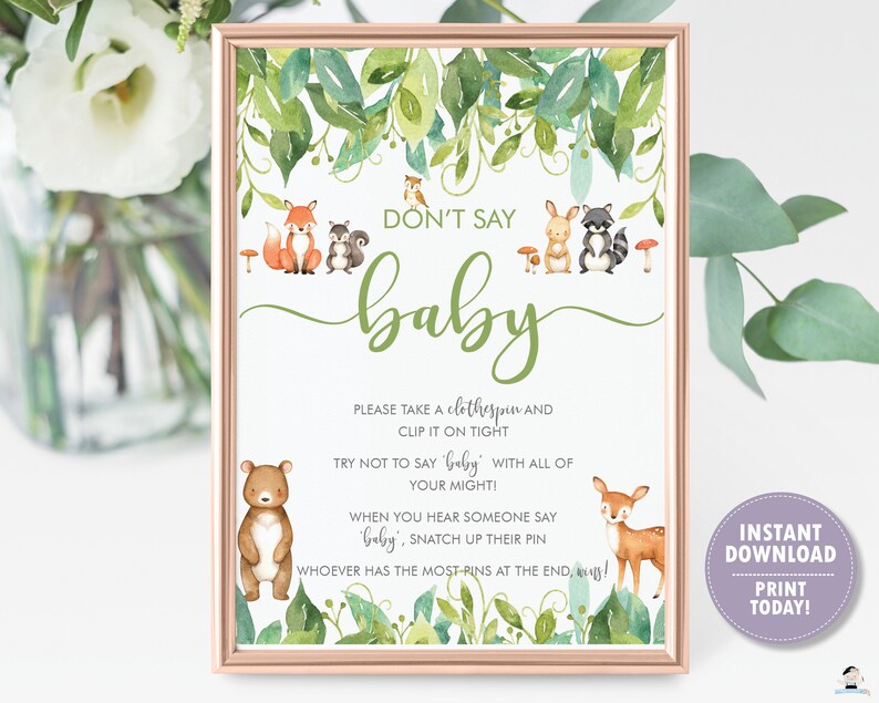 Don't Say Baby Game, Don't Say Baby Printable, Don't Say Baby Baby Shower Game, Woodland Animals, Greenery, Botanical, INSTANT DOWNLOAD, WG1 image 1