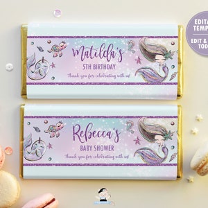 Mermaid Chocolate Bar Wrapper, Candy Bar Aldi Hershey&#39;s 1st Birthday Baby Shower Favors Instant Download Under the Sea EDITABLE TEMPLATE MT2