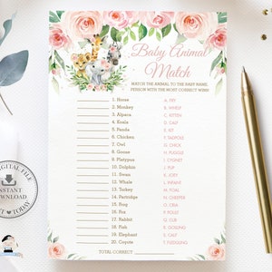 Jeu d'associations pour bébés animaux, TÉLÉCHARGEMENT IMMÉDIAT, Fête de naissance des animaux de la jungle à fleurs roses, carte de quiz sur les noms de bébés animaux, activité bricolage à imprimer au format PDF, JA6