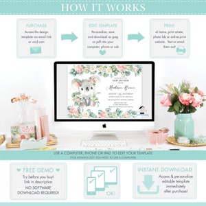 May include: A computer monitor displays a baby shower invitation with a koala illustration surrounded by floral elements. The invitation includes event details. The image also shows instructions for purchasing, editing, and printing the template.