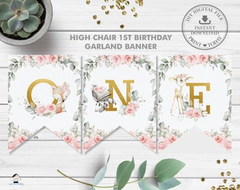 Woodland Animals 1st Birthday High Chair Banner, Pink Floral Greenery One Garland Bunting Decor Sign Printable Pdf, INSTANT DOWNLOAD, WG10