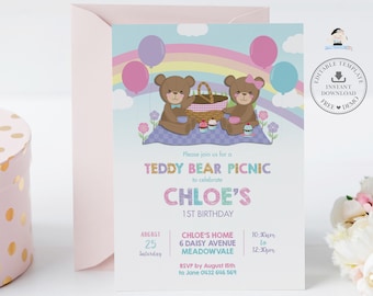 Teddy Bear Picnic Invitation, EDITABLE TEMPLATE, Teddy Bears Picnic Invite, Teddy Bear Picnic 1st Birthday Party Printable, Cute Teddies TB2