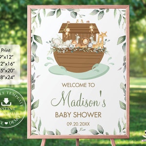 May include: A printable baby shower welcome sign with a green leafy border. The sign features a cartoon illustration of Noah's Ark with animals on board. The text reads "Welcome to Madison's Baby Shower 09.20.20XX".
