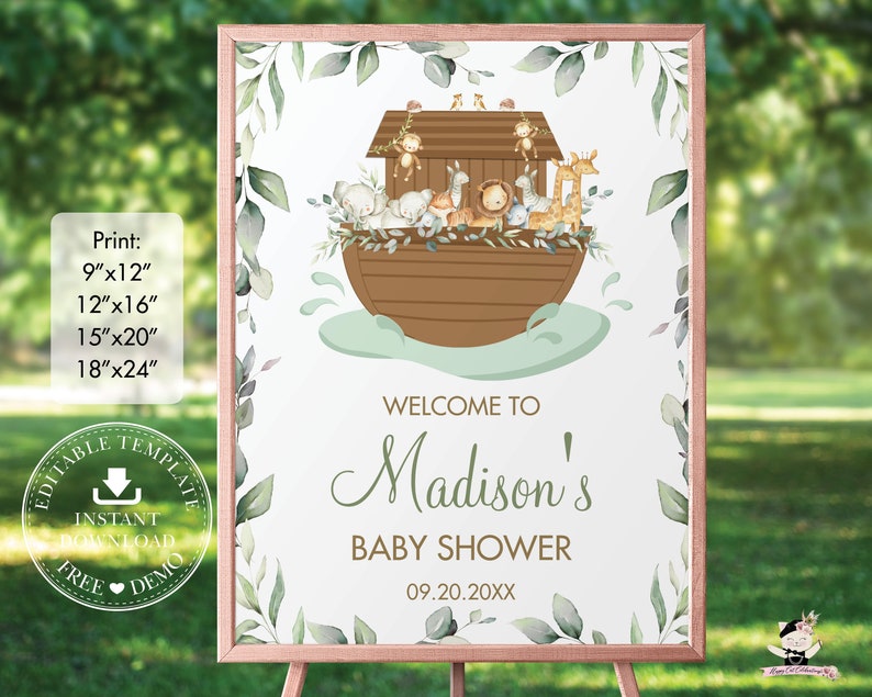 May include: A printable baby shower welcome sign with a green leafy border. The sign features a cartoon illustration of Noah's Ark with animals on board. The text reads "Welcome to Madison's Baby Shower 09.20.20XX".