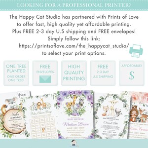 May include: Four printable baby shower invitations with a woodland animal theme. The invitations feature a variety of animals, including a fox, a deer, a bear, a giraffe, and a koala. The invitations are decorated with watercolor flowers and greenery. The text on the invitations includes the names of the babies, the date and time of the shower, and the location.