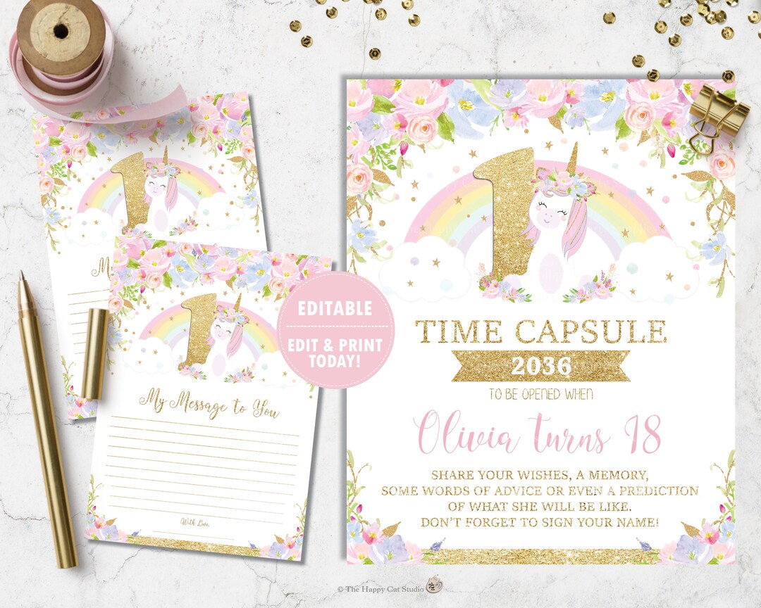 Unicorn Time Capsule Poster Sign and Message Card, 1st First Birthday ...
