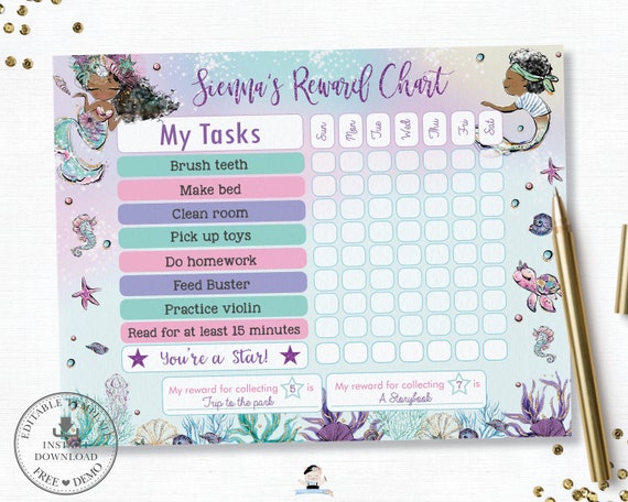 African American Mermaid Reward Chart, EDITABLE TEMPLATE, Chore Potty Training Behavior Kids Activity Sea Printable, INSTANT Download, MT2 Il_570xn