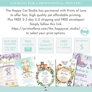 May include: A collage of images showcasing different baby shower invitation designs. The designs feature a variety of themes, including woodland animals, hot air balloons, and mermaids. The text on the invitations includes the names "Madison", "Laura Wilson", "Rebecca King", and "Eloise". The text also includes the phrases "It's a Boy!" and "Welcome to Eloise's Baby Shower".