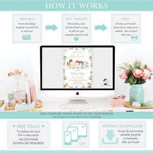 Op de afbeelding: Een digitale illustratie van een babyshower-uitnodiging met een bos-thema. De uitnodiging bevat een schattige cartoon-illustratie van een vos, een beer, een varken en een hert. De tekst op de uitnodiging luidt "Maak plaats voor een babyshower".