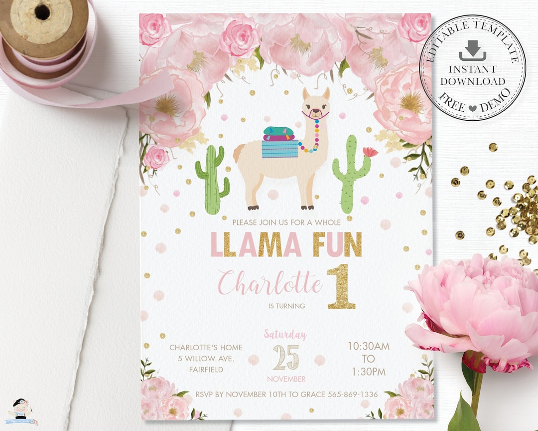 Llama Invitation,diy EDITABLE TEMPLATE, Instant Download, Llama 1st ...