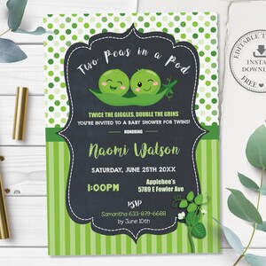 May include: A green and white baby shower invitation with the text "Two peas in a pod" and a cartoon image of two peas in a pod. The invitation is for a baby shower for twins honoring Naomi Watson. The event is scheduled for Saturday, June 25th at 1:00 PM at Applebee's, 5789 E Fowler Ave. RSVP by June 10th to Samantha at 633-879-6688.