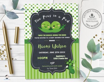 Twins Peas in a Pod Baby Shower Invitation, EDITABLE TEMPLATE, Green Polka Dots Cute Two Peas in a Pod Invite, Gender Neutral, INSTANT, PB1