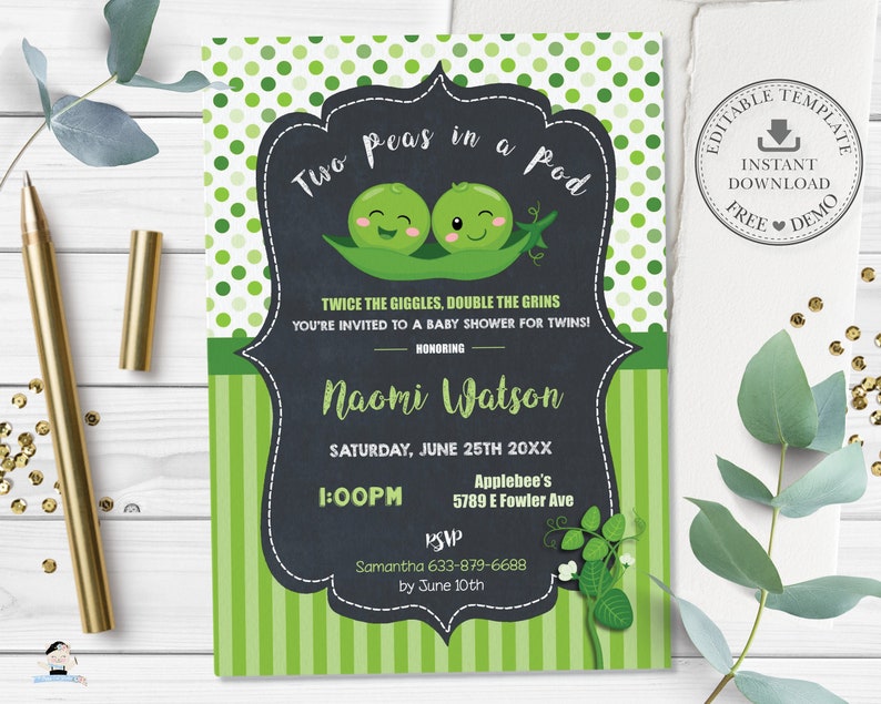 May include: A green and white baby shower invitation with the text "Two peas in a pod" and a cartoon image of two peas in a pod. The invitation is for a baby shower for twins honoring Naomi Watson. The event is scheduled for Saturday, June 25th at 1:00 PM at Applebee's, 5789 E Fowler Ave. RSVP by June 10th to Samantha at 633-879-6688.