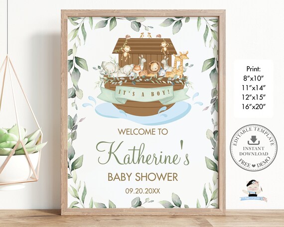 Noah's Ark Welcome Sign EDITABLE TEMPLATE, Greenery Noahs Cute Animals Neutral Baby Shower Birthday Poster Decoration, INSTANT Download, NA1 Il_570xn