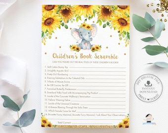 Children's Book Scramble Game, INSTANT DOWNLOAD, Floral Sunflower Elephant Baby Shower Storybook Quiz Card Activity, Diy PDF Printable, EP8